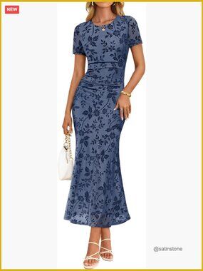 Flocked Mesh Bodycon Maxi Dress Ruched Cocktail Formal